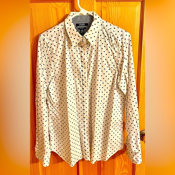 Chaps Women’s Size Large White Blouse Black Polka Dots Buttons Cotton Casual - Picture 1 of 9